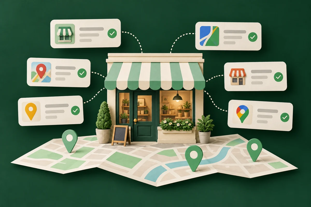 Neighborhood storefront connected to consistent business listing cards and map pins
